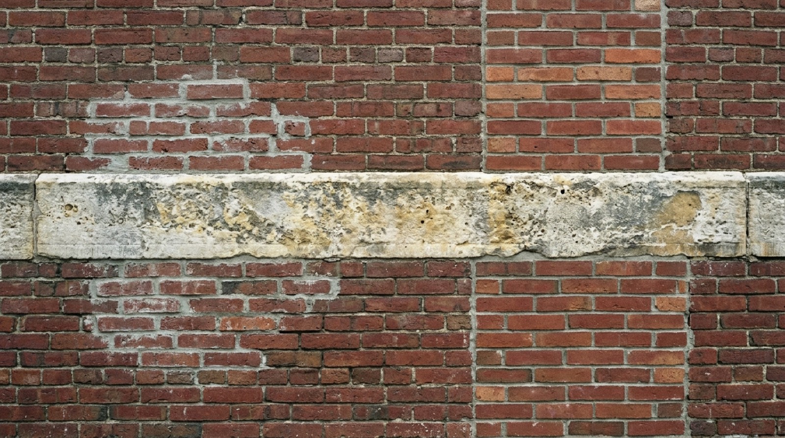 A close square on view of a limestone band running across a brick wall, weathered and slightly out of true, with old mortar repairs above and below it