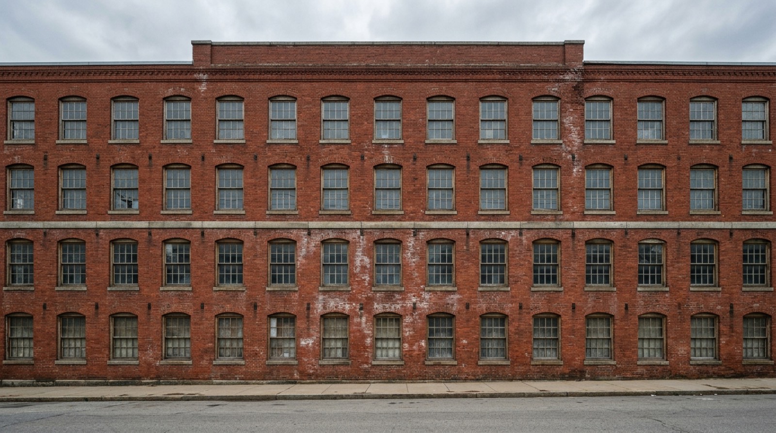 A tall brick mill front with rows of segmental arched windows, photographed square on in flat overcast light, with a stone band running the width of the wall and no signage anywhere on it
