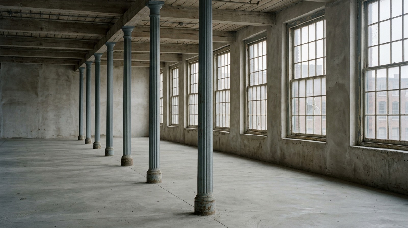 A run of cast iron columns standing inside a bare plastered room with a new concrete floor, lit from tall windows on one side