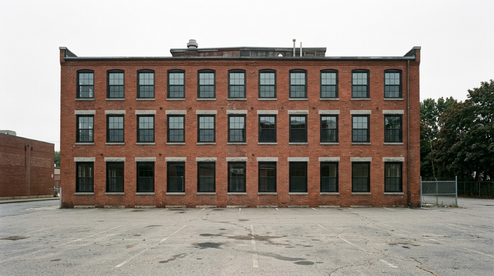 A plain brick industrial building with new metal window frames set into old openings, seen from across an empty asphalt lot under a white sky